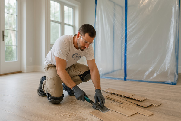flooring professional inside a Florida home in the middle of a clean and organized floor removal