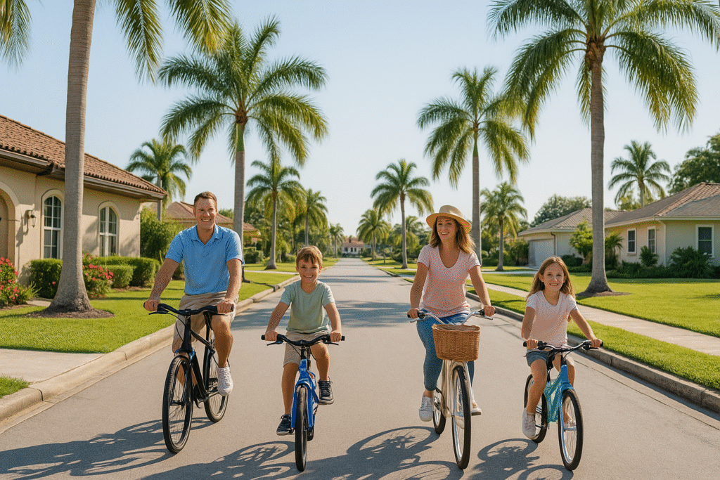Florida family riding bicycles along a palm-lined residential street 