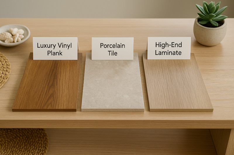 luxury vinyl plank (wood-look), porcelain tile (stone-look), and high-end laminate
