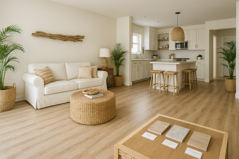 a Florida home’s open-plan interior featuring modern coastal design: light-colored LVP flooring, neutral walls, woven textures, and driftwood decor