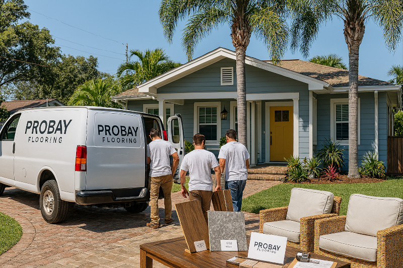 ProBay Flooring van parked in front of a charming Florida bungalow in Old Northeast.