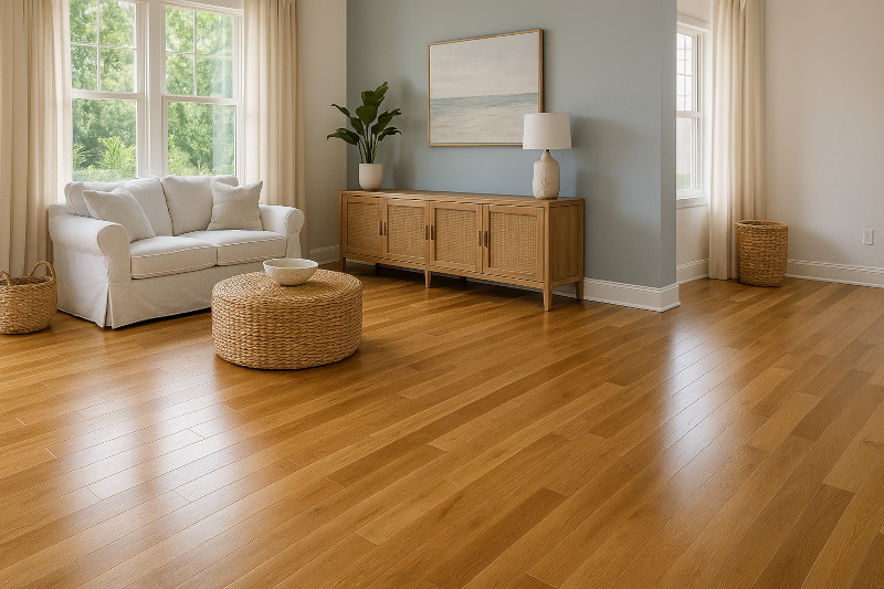a modern St. Petersburg living room with freshly installed hardwood floors in warm oak tones