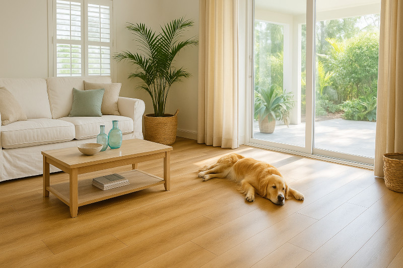 a sunlit coastal-style Florida living room with luxury vinyl plank flooring in a warm wood tone