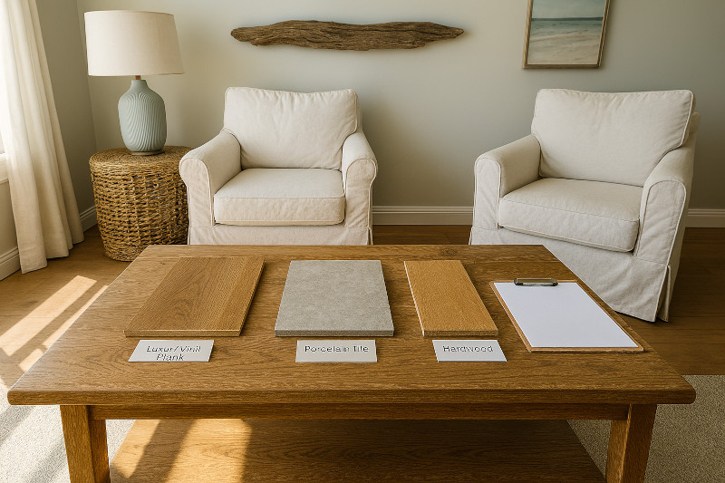 a sunlit living room displays labeled samples of LVP