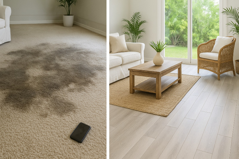 damaged, water-stained carpet and one with brand-new luxury vinyl plank flooring