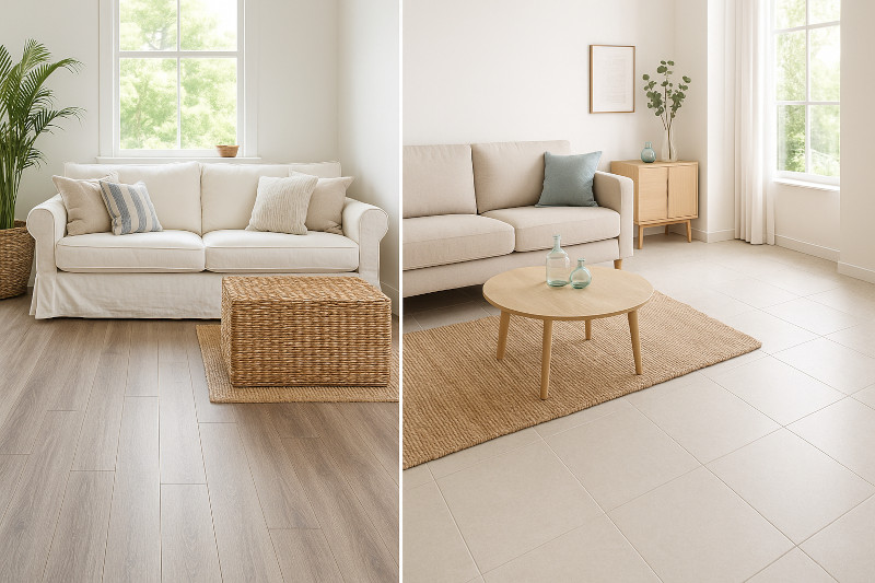 features porcelain tile in light stone with sleek, minimalist decor and sea glass accents. 