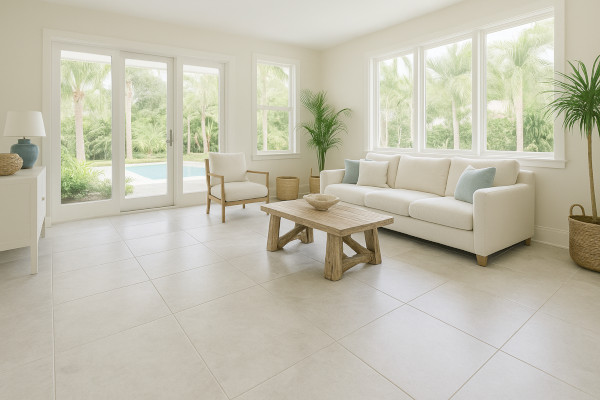 large-format porcelain tile in a light stone