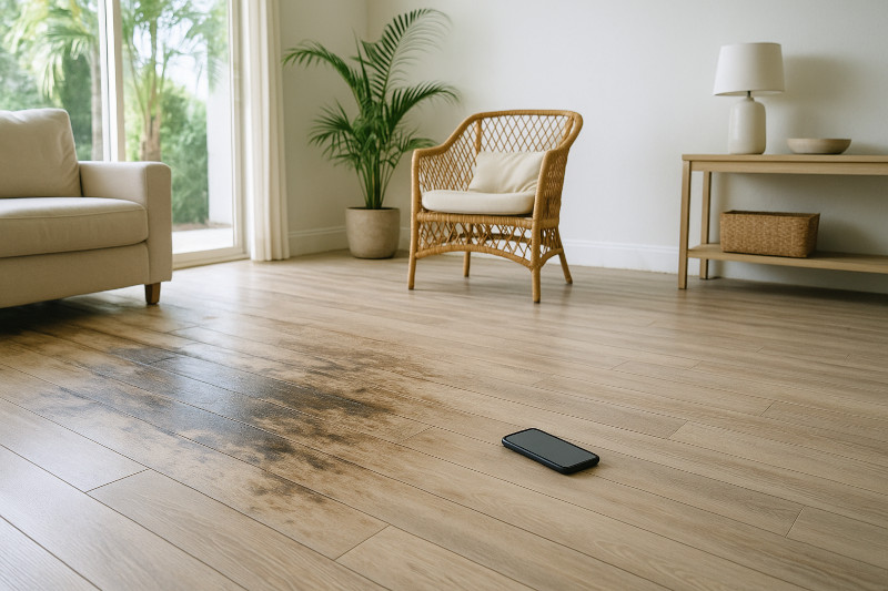 living room with visible water damage after flooding