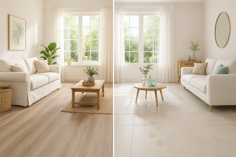 luxury vinyl plank in warm gray oak tones with coastal-style furniture
