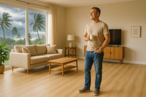 freshly remodeled living room with new luxury vinyl plank flooring in a light coastal oak finish