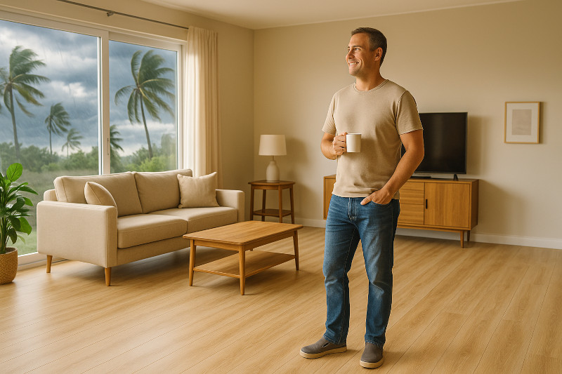 freshly remodeled living room with new luxury vinyl plank flooring in a light coastal oak finish