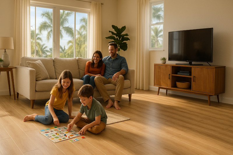living room in a Saint Petersburg Florida home featuring newly installed vinyl plank flooring in a light oak finish.
