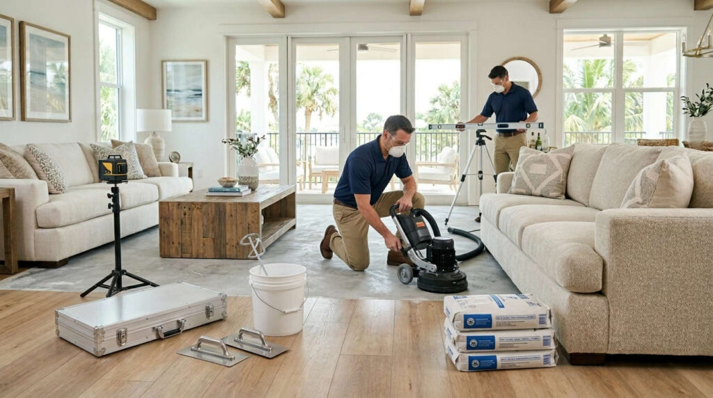 Flooring contractor preparing a subfloor in a Tampa Bay home