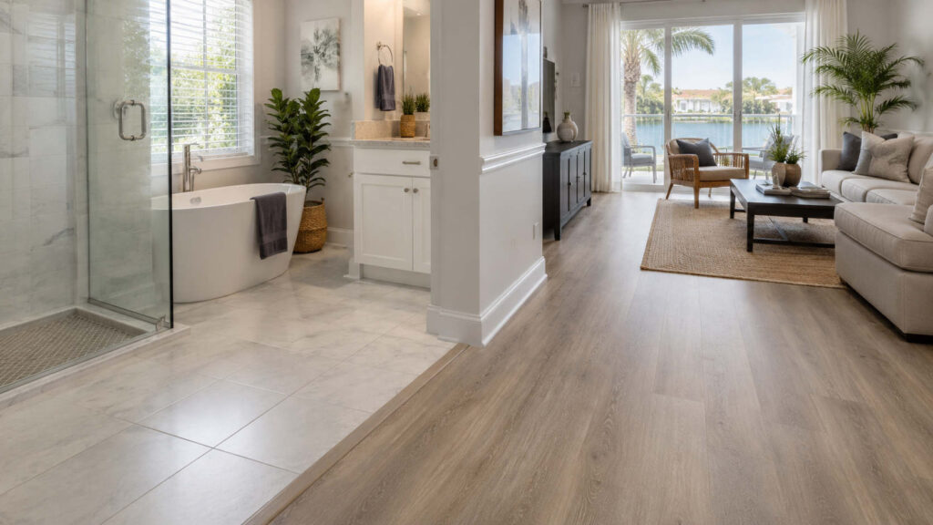 tile is stronger in wet areas and where luxury vinyl plank fits better in dry living spaces