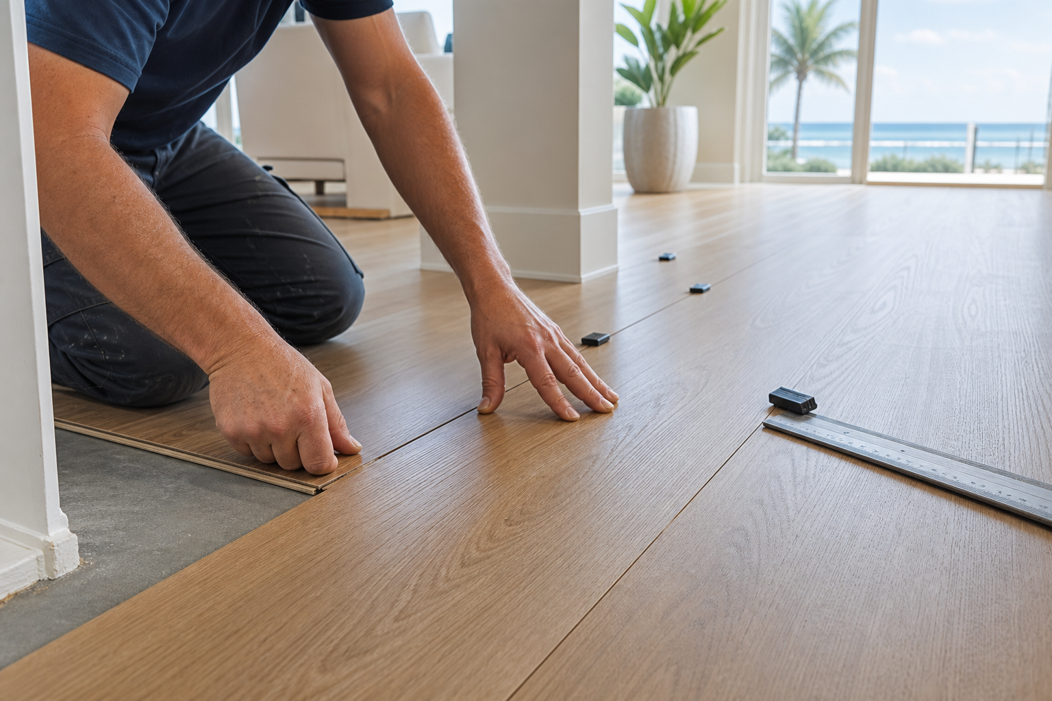 Professional flooring installer aligning wide planks in a coastal Florida home