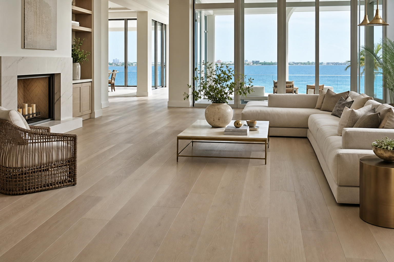 Luxury wide-plank flooring in an elegant Tierra Verde waterfront living room
